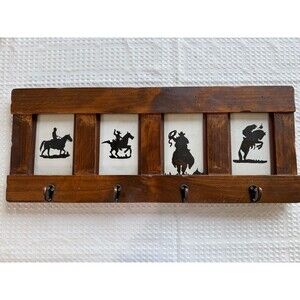 Rustic Cowboy Horseback Riding Wood Wall Hook Rack 4-Hook